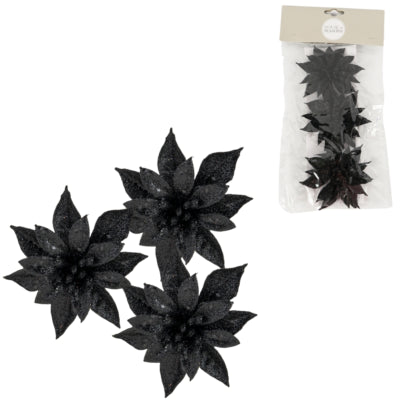 House of seasons flor artificial con clip Estrella de Navidad brillo negro 9 cm juego de 3 | 24 piezas