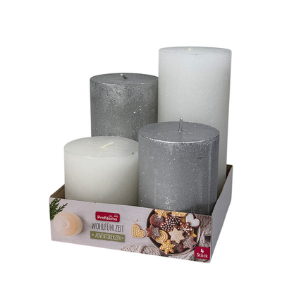 Profissimo candela a colonna rustico metallico set argento bianco 4 pezzi