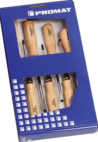 Set cacciaviti Promat tecwerk | Punteruolo con slot da 7 pezzi | manico in legno | lama tonda con attacco a 6 lati - 4000827119