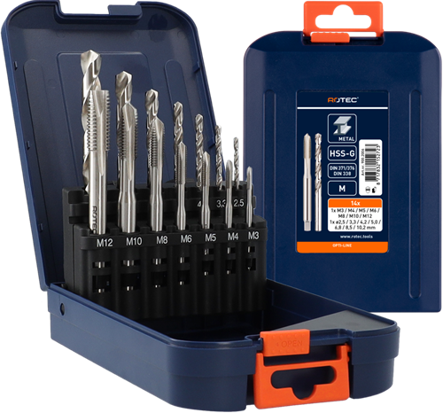 Set di maschi e punte Rotec hss-g | per | 7+7 pezzi. | m3-m12 abs - 900.2006