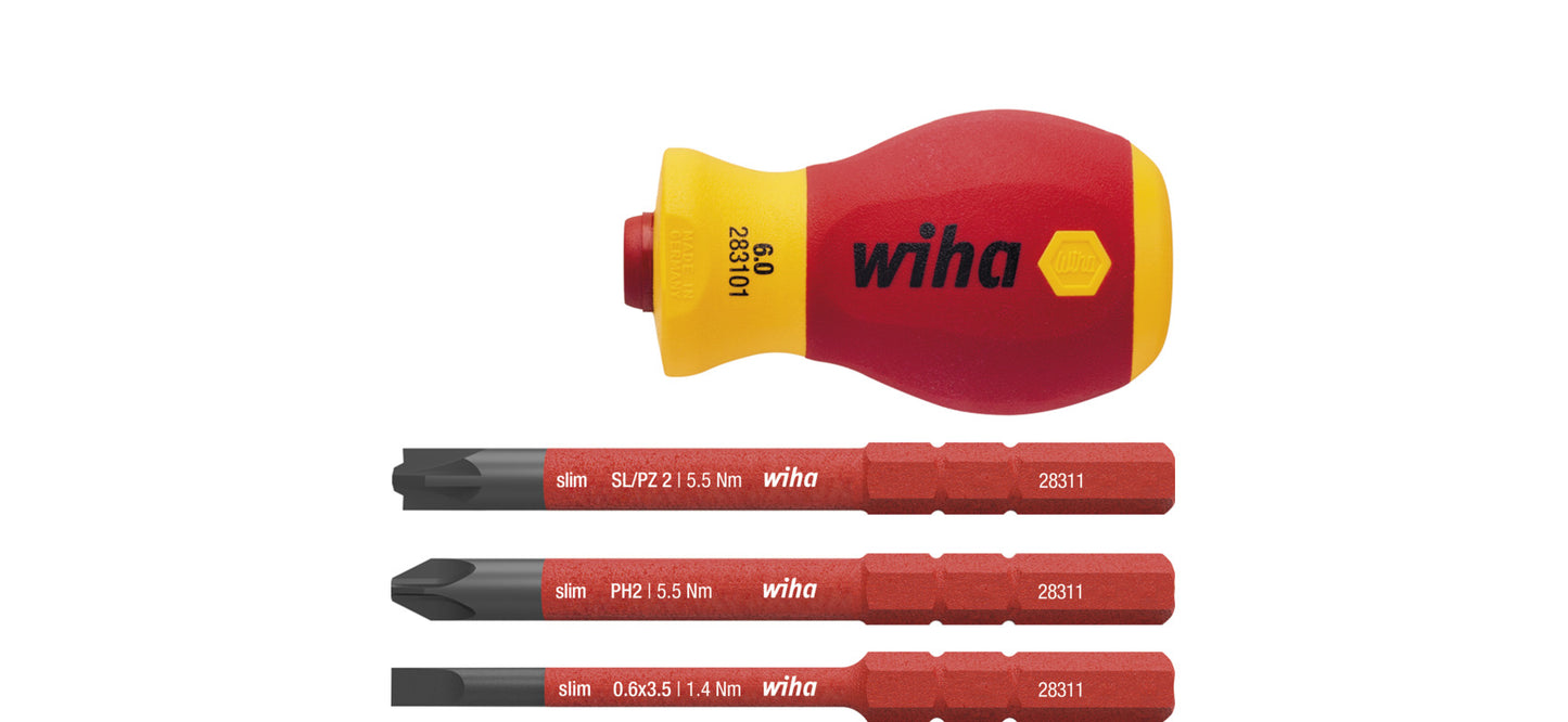 Wiha schroevendraaier met bithouderset electric slimvario (rood geel, stubby 4-delig met slimbits)