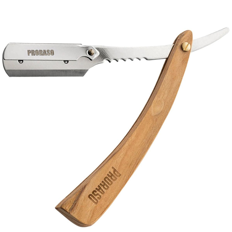 Proraso barber shavette cuchillo corte madera clara