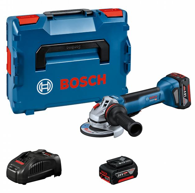 Amoladora angular a batería bosch azul gws 18v-10 p | 125 mm | 2 baterías de 5,0 ah + cargador | en l-boxx - 06019j4101