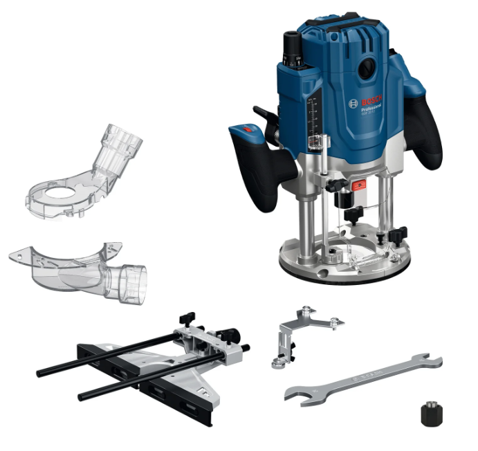 Fresadora bosch azul gof 20-12 | incluido llave, guía paralela, 2x pinza, 2x adaptador para polvo, 2x guía de rodillos - 0601627220