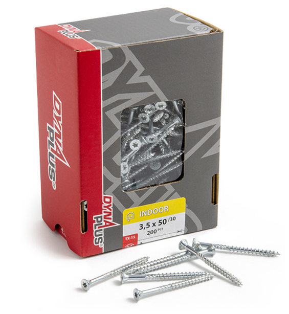 Dynaplus unischroef spaanplaatschroef verzinkt platkop deeldraad torx tx15 3.5x50 30 | 200 stuks - 0281.01.17902