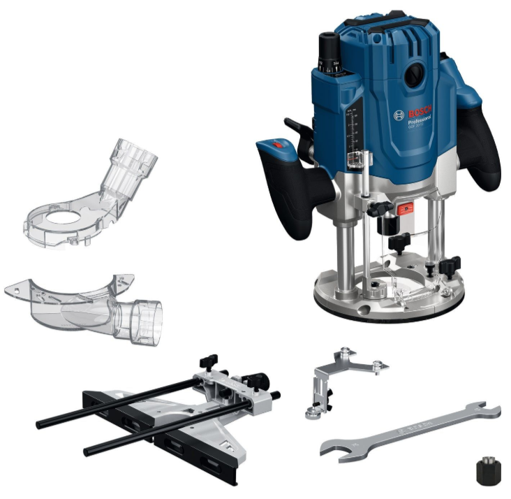 Fresadora bosch azul gof 20-12 | incluido llave, guía paralela, 2x pinza, 2x adaptador para polvo, guía de rodillos - 0601627221