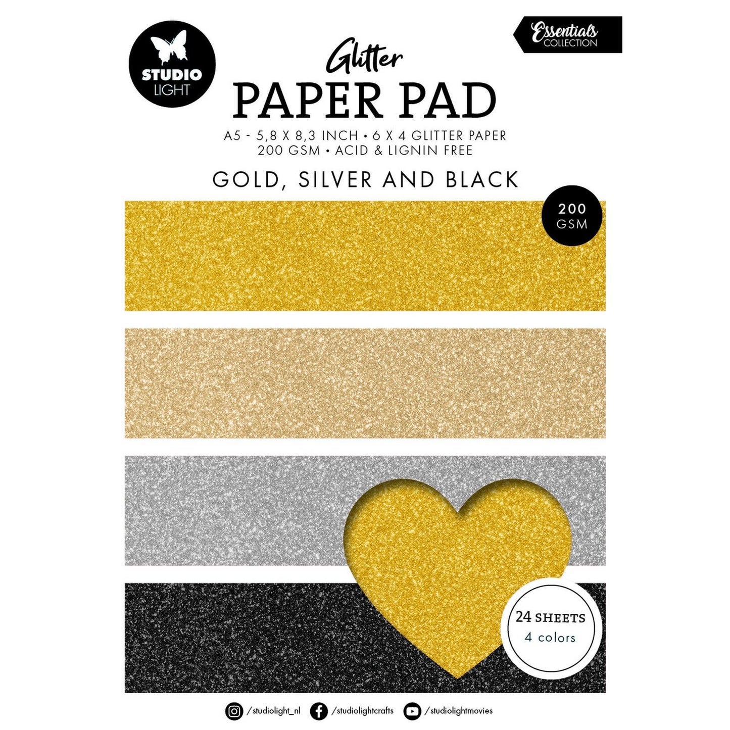 Studio light • blocco di carta glitter Essentials oro, argento e nero