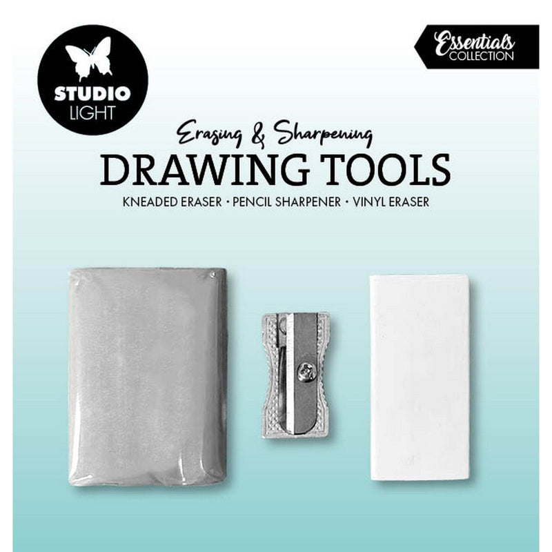Luce da studio • strumenti essenziali per il disegno, gomma da cancellare, temperino