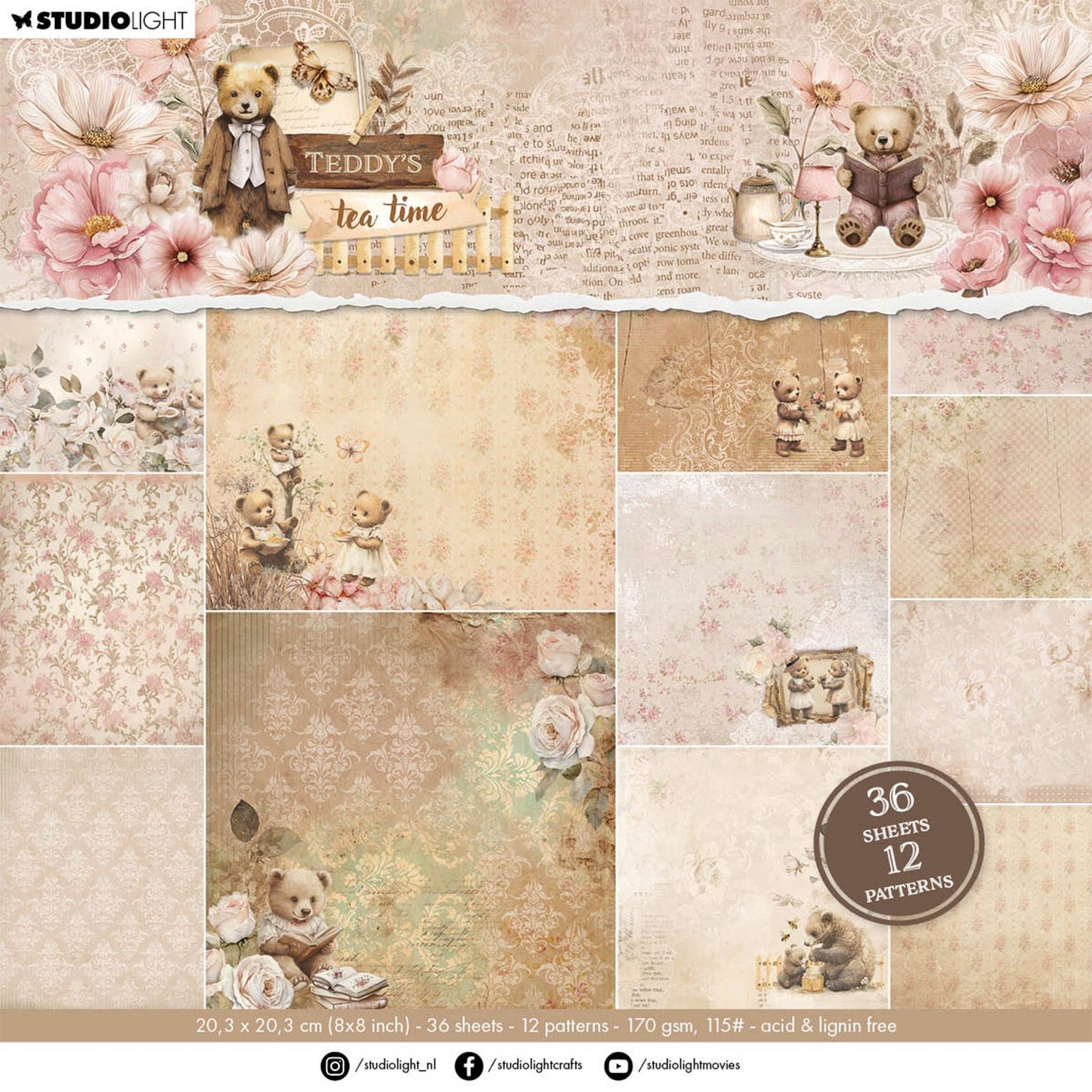 Luz de estudio • bloc de papel con diseño de la hora del té de Teddy, 12 modelos