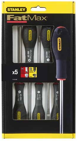 Set di cacciaviti Stanley Fatmax da 5 pezzi paralleli 3,5 x 75 mm. 4×100 mm. Phillips 5,5 x 125 mm ph1 x 100 mm. ph2 x 125 mm