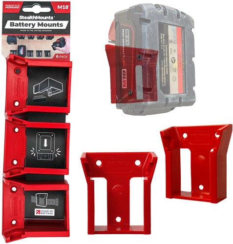Stealth monta portabatterie per milwaukee m18 18v | rosso | 6 pezzi -bm-mw18-rosso-6
