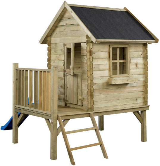 Swinging Camilla Wooden Playhouse con tobogán azul natural