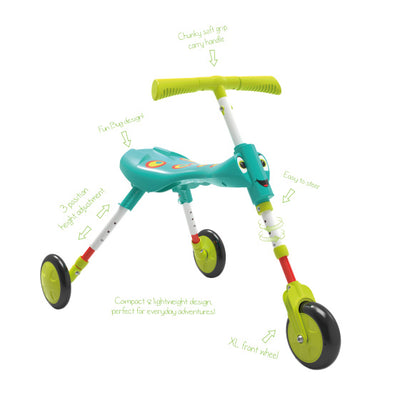 The bugs scuttlebug xl splodge loopfiets met 3 wielen junior turquoise groen