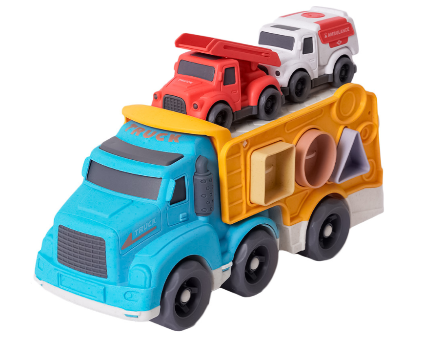 Camion in bioplastica Bio Toys con selezionatore di stampi - incl. 2 mezzi di soccorso