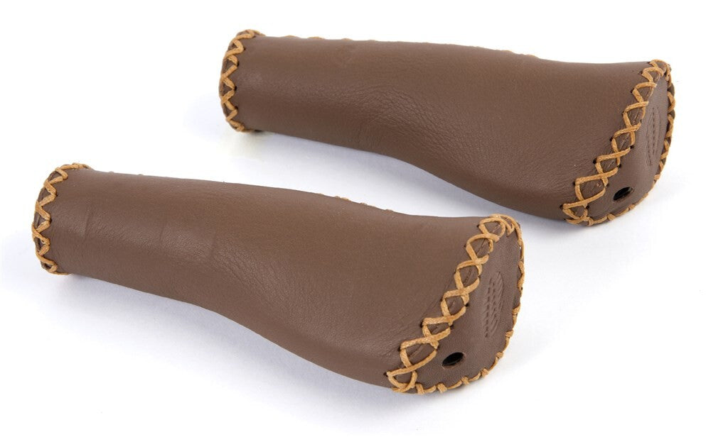 Velo Ergo Leather Handlebar Grips, 135 135mm, Dark Brown