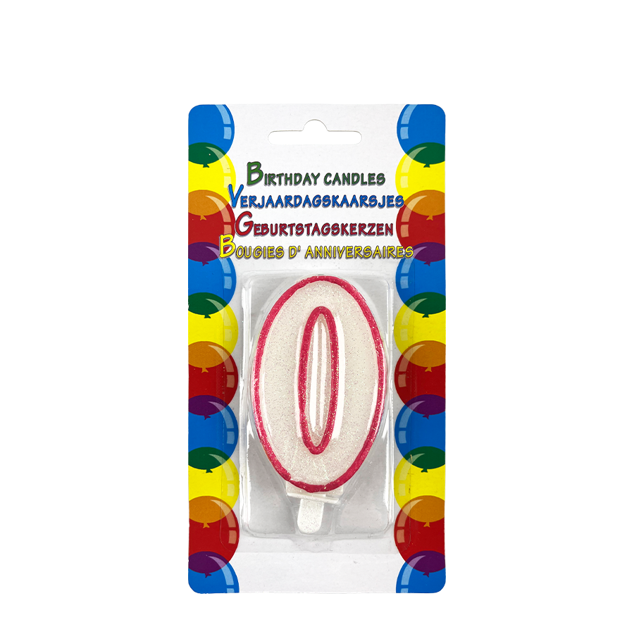 Candela compleanno glitter con supporto numero 0 rosa 8 cm
