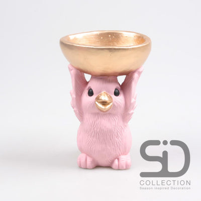 Uccello decorativo ispirato alla stagione con ciotola 14x11x21 cm rosa