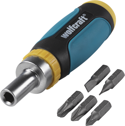 Destornillador de mano mini Wolfcraft | función de trinquete | juego de 6 piezas | incluido 5 bits - 1237000