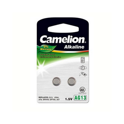 Camelion AG13 Celda de botón alcalino LR44 por 2 (paquete colgante)