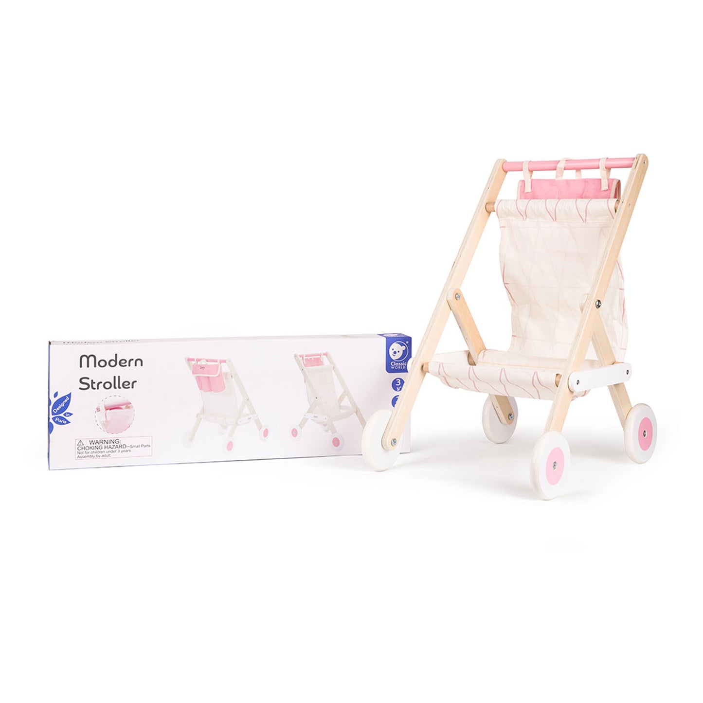 Classic World World Wooden Poppenbuggy White Pink