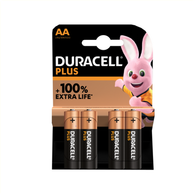 Batterie Duracell più AA alcaline, 4 pezzi (imballaggio sospeso)
