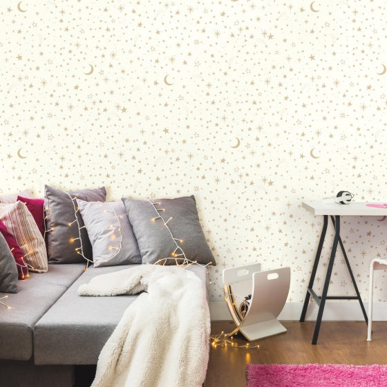 Roommates Zelfklevend behang Twinkle stars 52 x 500 cm wit goud