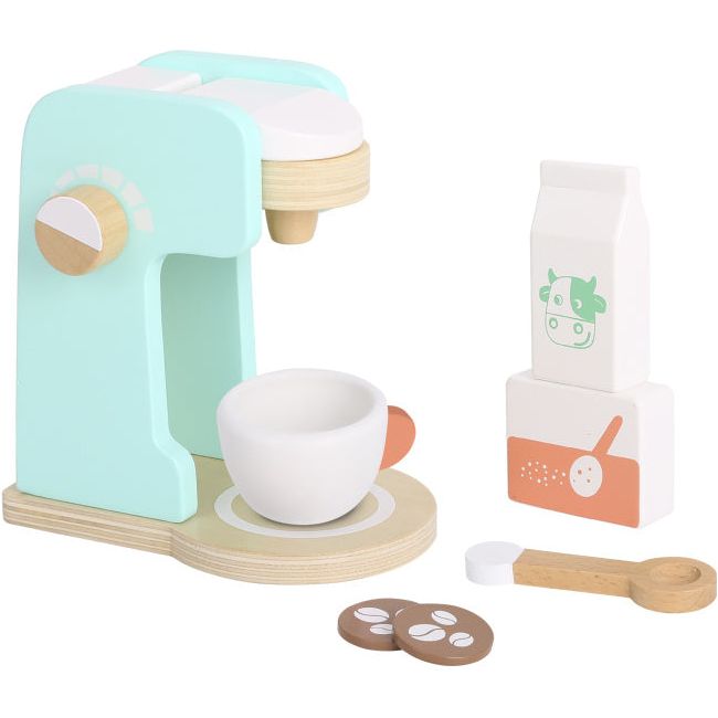 Cafetera de madera de juguete toky con accesorios de 7 piezas